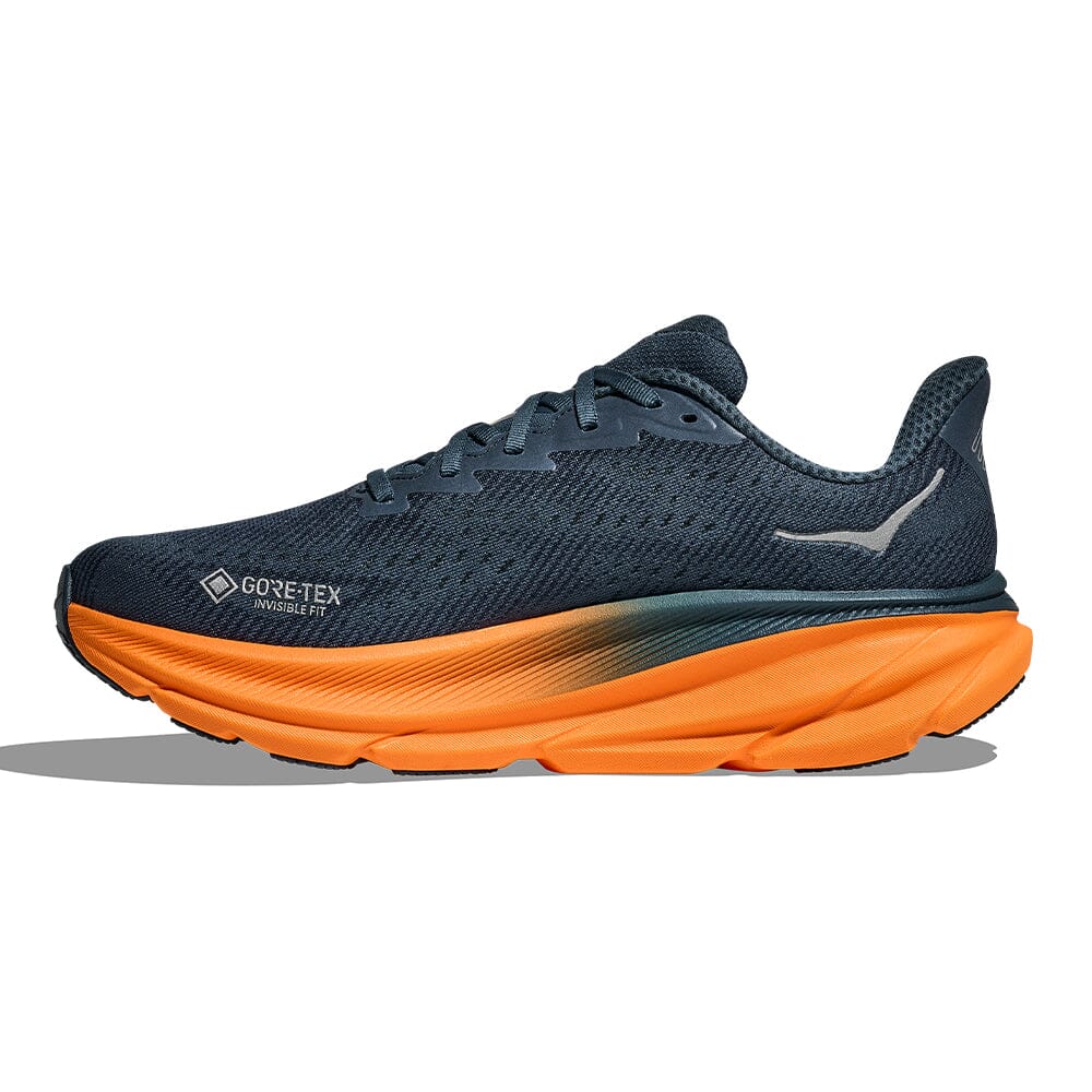 Hoka Men's Clifton 9 GTX Men's Shoes - BlackToe Running#colour_stormy-skies-orange-zest