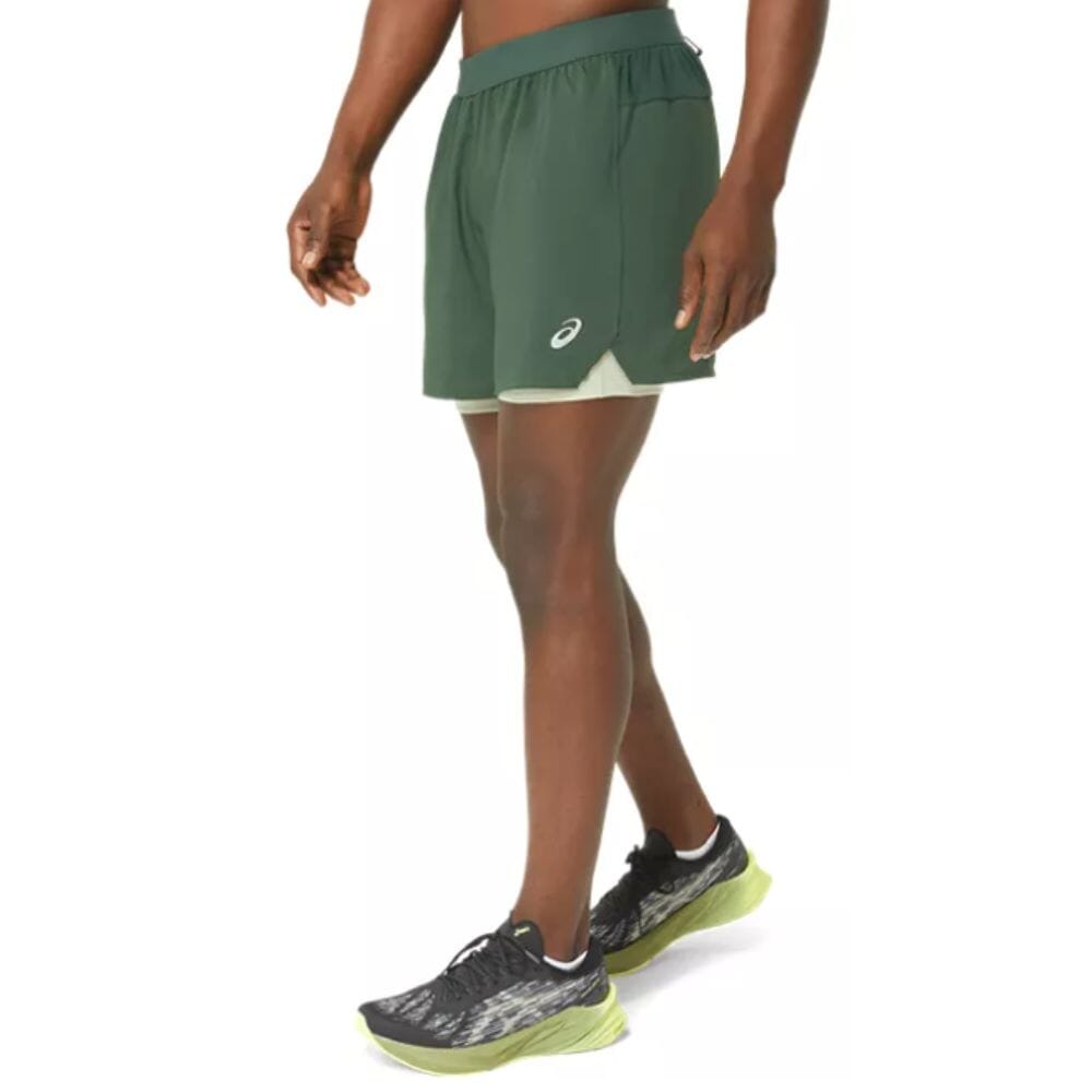 Asics Men's Road 2-N-1 5IN Short Men's Bottom - BlackToe Running#colour_rain-forest-dried-leaf-green