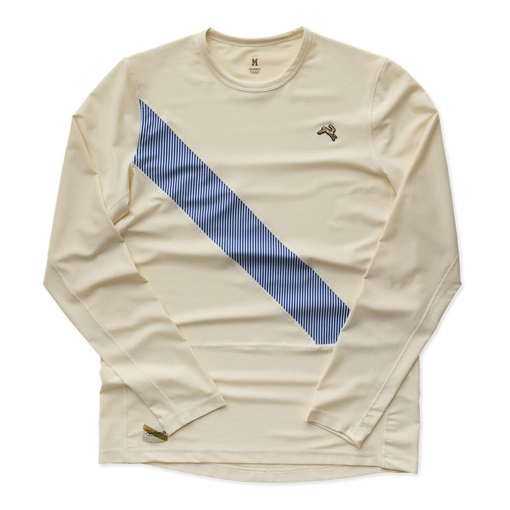 Tracksmith Men's Van Cortlandt Long Sleeve Men's Tops - BlackToe Running#colour_ivory-royal-stripe