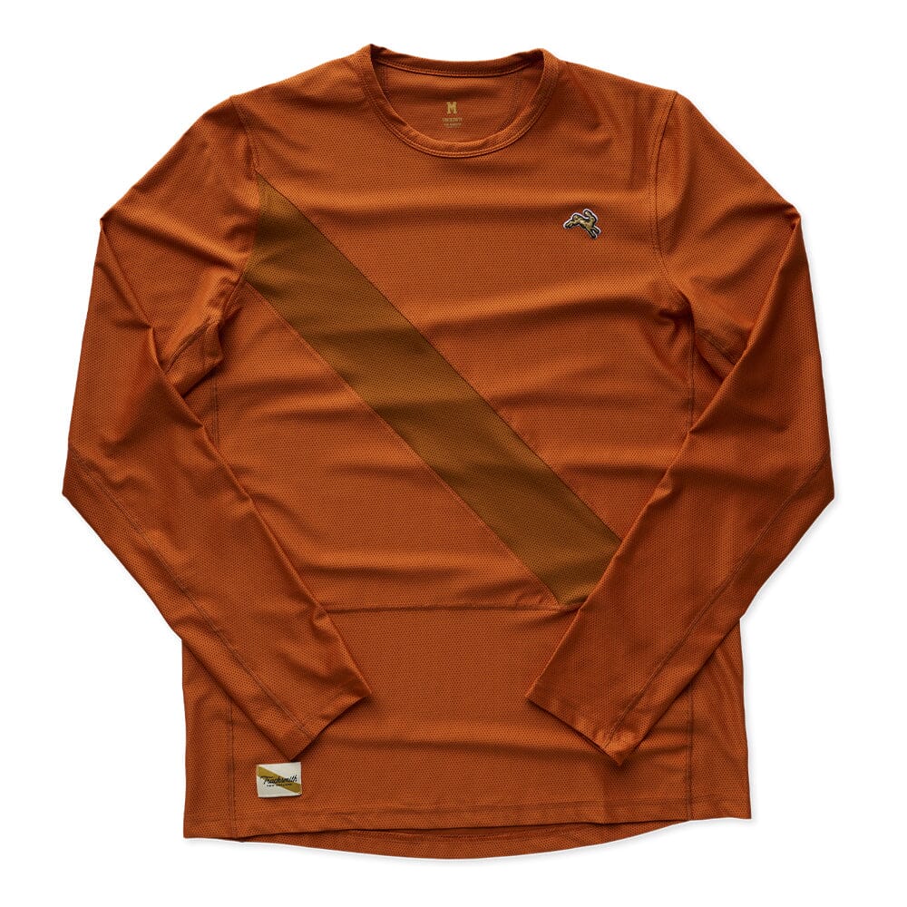 Tracksmith Men's Van Cortlandt Long Sleeve Men's Tops - BlackToe Running#colour_brick-red-caramel