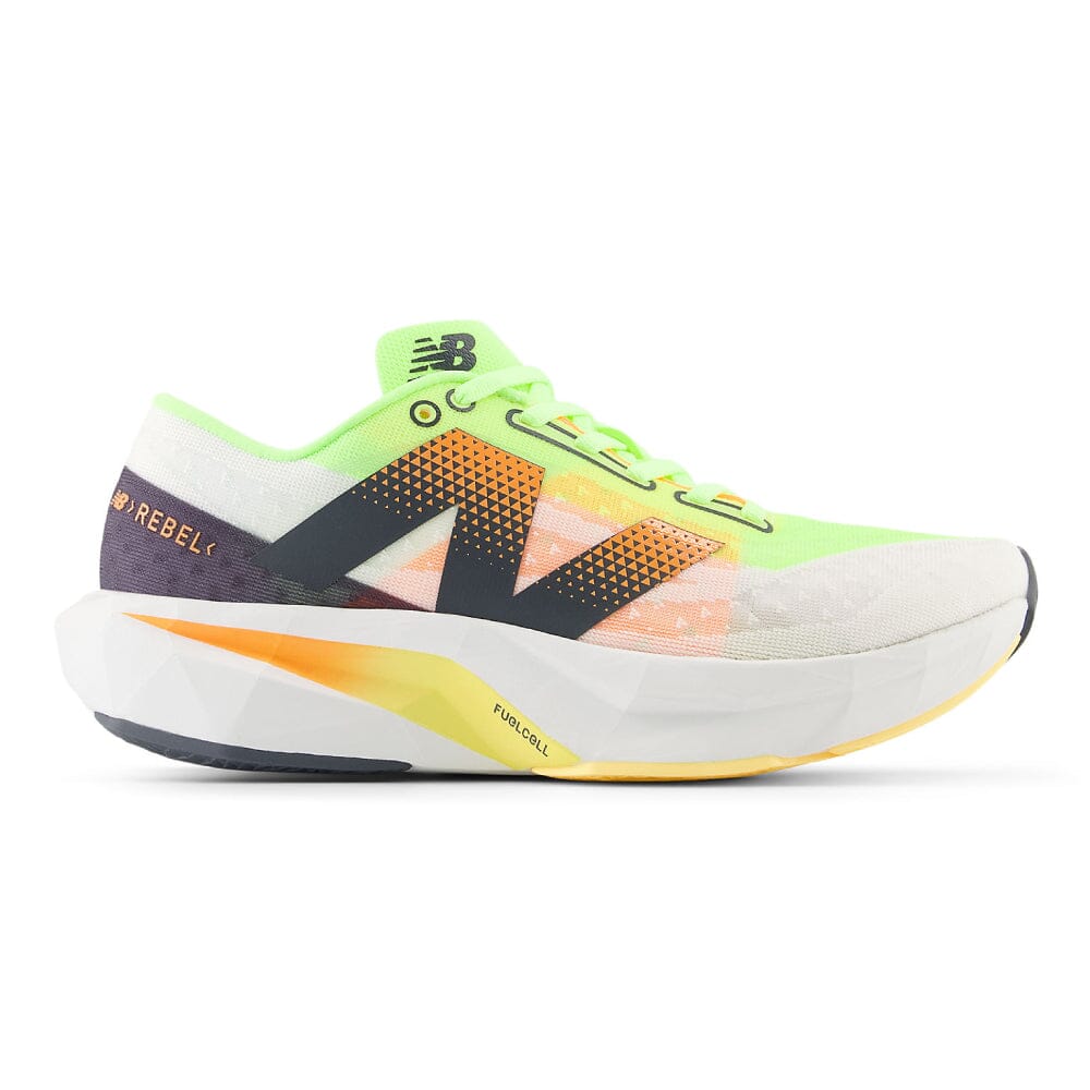 New Balance Men's FuelCell Rebel v4 - BlackToe Running#colour_white-bleached-lime-glo-hot-mango