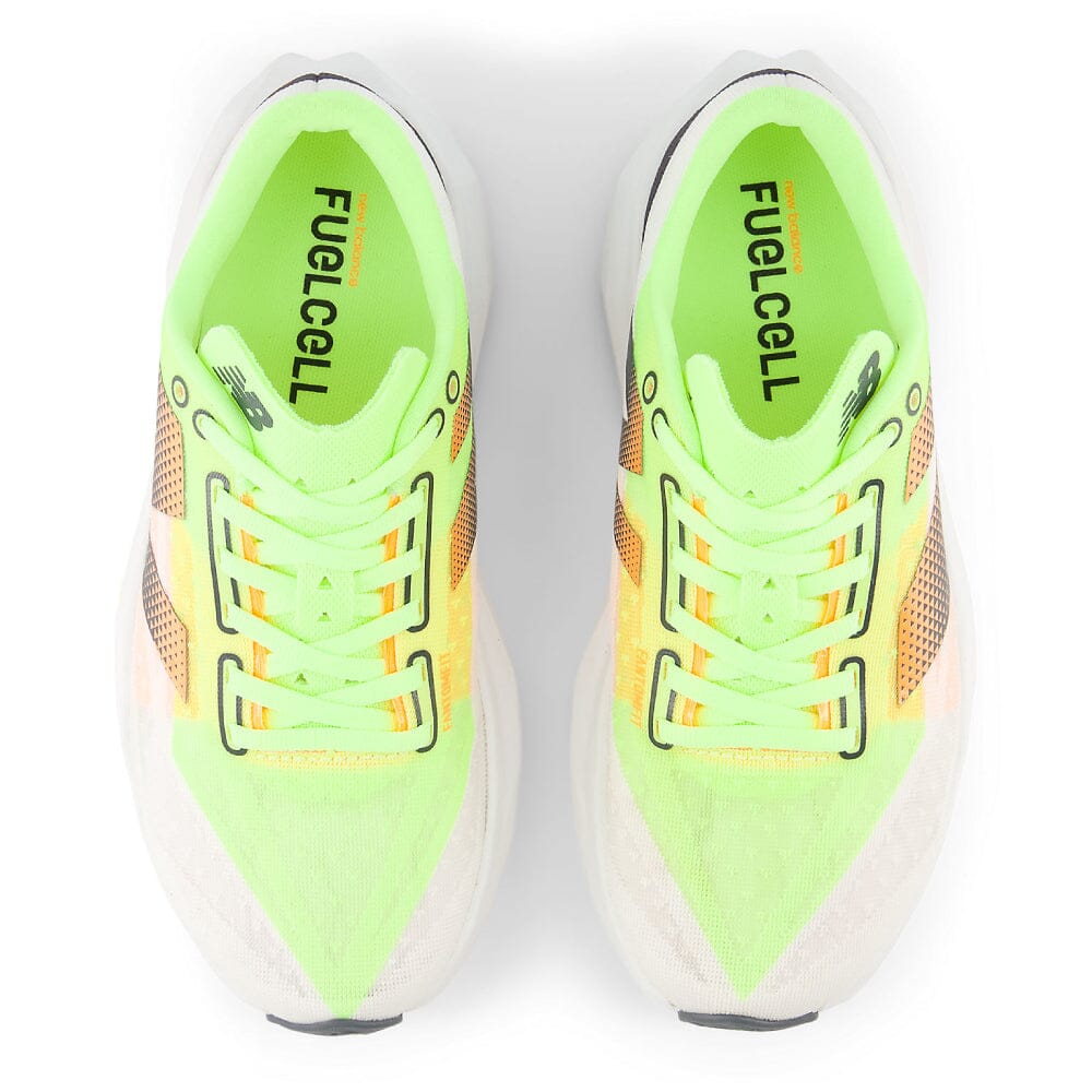 New Balance Women's FuelCell Rebel v4 - BlackToe Running#colour_white-bleached-lime-glo-hot-mango